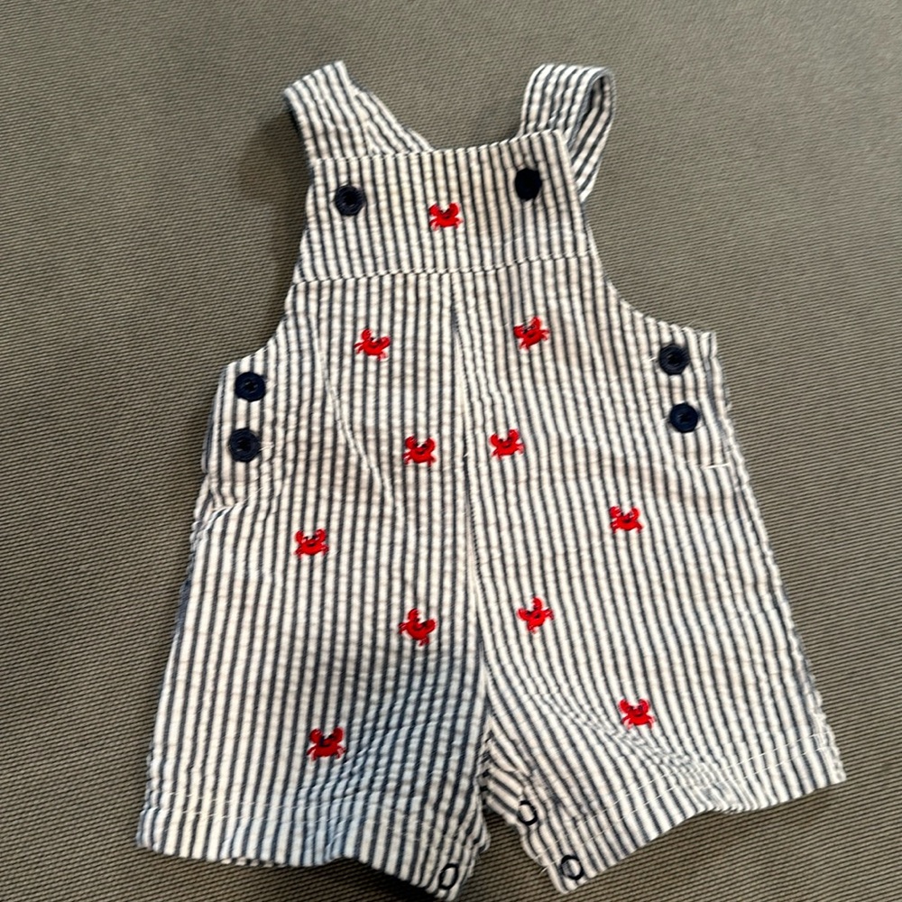 Boys 6M seersucker and lobster overalls